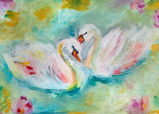 Swan Pair Oil Pastel Art Print